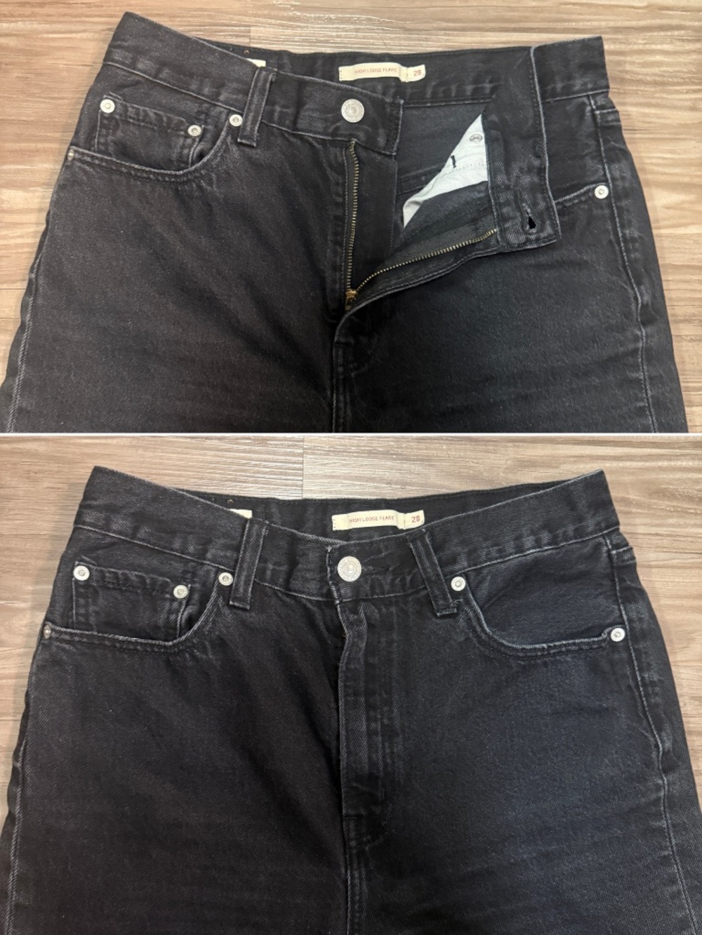 Levi’s Premium High Loose Flare Jeans 28x30 Train Wreck Black Big E $98 - Picture 3 of 12
